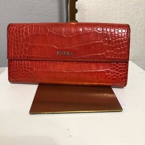 Furla Croc Embossed Orange Leather Wallet